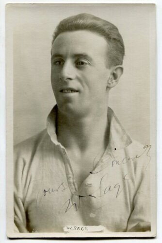 William Sage. Tottenham Hotspur 1919-1925. Mono real photograph postcard of Sage, head and shoulders, in Spurs shirt. Title to lower border W. Sage. Signed in ink 'Yours sincerely, W. Sage'. W.J. Crawford of Edmonton postcard. Postally unused. Very good c