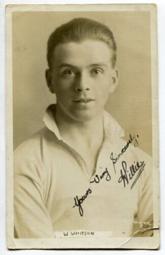 William Alexander Whitton. Tottenham Hotspur 1921-1923. Mono real photograph postcard of Whitton, head and shoulders, in Spurs shirt. Title to lower border W. Whitton. Signed in ink 'Yours very sincerely, W. Whitton'. W.J. Crawford of Edmonton postcard. P