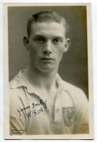 Thomas William Roe. Tottenham Hotspur 1925-1937. Mono real photograph postcard of Roe, head and shoulders, in Spurs shirt. Signed in ink 'Yours truly, W. Roe'. W.J. Crawford of Edmonton postcard. Postally unused. Very good condition - football<br><br>Tomm