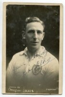 Albert John Elkes. Tottenham Hotspur 1923-1929. Mono real photograph postcard of Elkes, head and shoulders, in Spurs shirt. Signed in ink 'Yours faithfully, Jack Elkes'. W.J. Crawford of Edmonton postcard. Postally unused. Some surface wear and slight dam