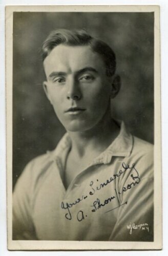 Andrew Thompson. Tottenham Hotspur 1920-1930. Excellent mono real photograph postcard of Thompson, head and shoulders, in Spurs shirt. Signed in ink 'Yours sincerely, A. Thompson. W.J. Crawford of Edmonton postcard. Postally unused. Very good condition - 