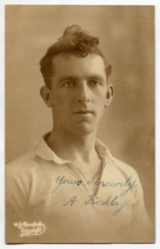 A. Findlay. Tottenham Hotspur 1920-1921. Excellent sepia real photograph postcard of Findlay, head and shoulders, in Spurs shirt. Signed in ink 'Yours sincerely, A. Findlay. W.J. Crawford of Edmonton plainback postcard. Postally unused. Very good conditio