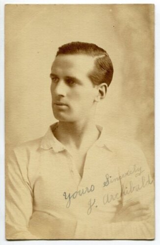 James Mitchell Archibald. Tottenham Hotspur 1919-1921. Excellent sepia real photograph postcard of Archibald, head and shoulders, in Spurs shirt. Signed in ink 'Yours sincerely, J. Archibald'. Appears to be W.J. Crawford of Edmonton plainback postcard. Po