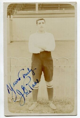 James E. Pass. Tottenham Hotspur 1907-1908. Early sepia real photograph postcard of Pass, full length, in Spurs attire. Signed in ink 'Yours truly, J.E. Pass'. Jones Bros of Tottenham postcard. Postally unused. Minor light fading otherwise in good/very go