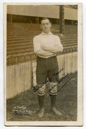 John Joseph Curtis. Tottenham Hotspur 1908-1913. Early sepia real photograph postcard of Curtis, full length, in Spurs attire. Signed in ink 'Sincerely yours, Jack Curtis'. F.W. Jones of Tottenham postcard. Postally unused. Club title crossed through and 