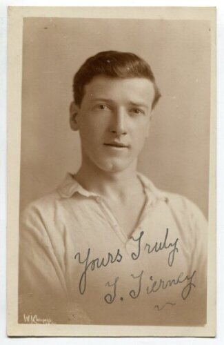 T. Tierney. Tottenham Hotspur circa 1920's. Sepia real photograph postcard of Tierney, head and shoulders, in Spurs shirt. Signed in ink 'Yours truly, T. Tierney'. W.J. Crawford of Edmonton postcard. Postally unused. Very good condition - football<br><br