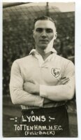 Albert Thomas Lyons. Tottenham Hotspur 1930-1933. Mono postcard size real photograph of Lyons, half length, in Spurs shirt. Printed title to lower border 'Lyons:- Tottenham. H.F.C. (Full-back)'. Photograph by Albert Wilkes & Son of West Bromwich, with sta