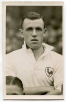 Frank Grice. Tottenham Hotspur 1935-1939. Mono postcard size real photograph of Grice, half length, in Spurs shirt. Printed title to back of card 'Grice. Tottenham. H.F.C. 1936'. Photograph by Albert Wilkes & Son of West Bromwich, with stamp to back. 3.5"