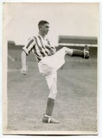 Colin Chad Lyman. Tottenham Hotspur 1937-1945. Mono real photograph of Lyman, full length on the pitch, in rarer Spurs away striped shirt. Printed title to back of card 'C. Lyman. Tottenham. H.F.C. 1937'. Photograph by Albert Wilkes & Son of West Bromwich