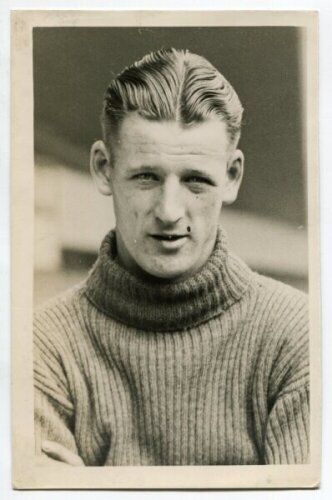 John Hall. Tottenham Hotspur 1936-1946. Mono postcard size real photograph of goalkeeper Hall, head and shoulders, in Spurs jersey. Name typed to verso. Photograph by City Press, with stamp to back. 4"x6". Very good condition - football<br><br>Jack Hall p