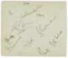Essex C.C.C. c.1935. Album page nicely signed in ink by ten Essex players. Signatures include Pearce (Captain), Nichols, Avery, Wade, O'Connor, Taylor, Eastman, Wilcox, Smith etc. G/VG - cricket