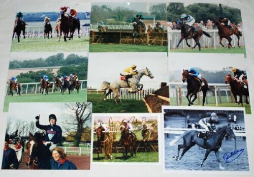 Horse racing press photographs 1990s. Twenty colour (one mono) press photographs of horse racing action. Three photographs signed, signatures are Timmy Murphy and Richard Dunwoody, Tony McCoy, Pat Eddery. Other photographs feature Frankie Dettori, Walter 