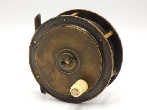 A good Hardy Hercules 3 ¾" salmon fly reel, tapered ivorine handle on raised winding plate, bridge foot, quadruple cage pillars, fixed check mechanism, faceplate with raised two screw spindle boss and stamped Rod in hand trademark and enclosed oval logo,