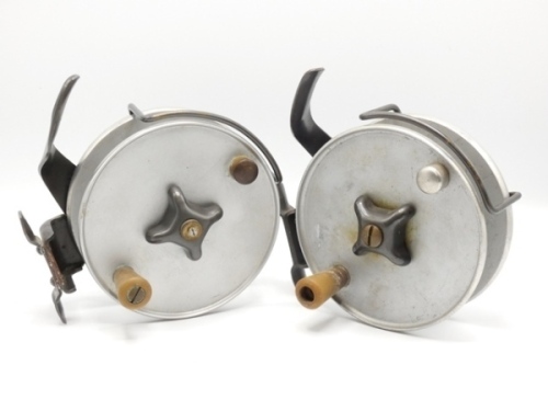 A pair of Hardy Eddystone 6" sea centre pin reels, each with counter-balanced reverse tapered ebonite handle, capstan drag adjuster, Bickerdyke line guide and rear mounted brake lever, one with replacement spindle screw, 1960's (2)