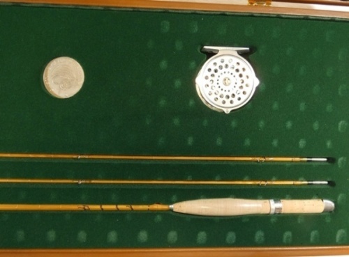 A fine Hardy "The James Hardy C.C. de France Celebration Set", limited edition no. 014/100, comprising; a "C.C. de France" 2 piece (2 tips) cane trout fly rod, 7', #4, cane silk inter-whippings, sliding alloy reel fitting, suction ferrules, snake eyes, wi