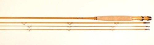 A fine and rare Hardy "Moran Series" 3 piece (2 tips) blond cane brook trout fly rod, 7'6", #4, clear/tan tipped silk wraps, sliding anodised reel fitting and satinwood seat, slightly swollen butt, snake rings, suction ferrule, serial no. 904/5M, rod is i