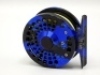 An Abel TR Light trout fly reel, blue/black abstract design anodised finish, rosewood handle, spring drum latch, fixed check mechanism, block foot, rosewood spindle cap, in pouch and the matching Abel "FF 803-4" 4 piece carbon trout fly rod, 8', #3, blue - 2