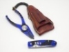 An Abel #2 pocket knife and pliers set, blue/black abstract anodised finish (matching above lot), single blade folding pocket knife with spring belt clip, stamped previous owners name "Chris", piers with spiral spring lanyard and in fitted leather case