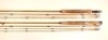 A Hardy "Itchen" 3 piece (2 tips) cane trout fly rod, 9'6", #6, crimson/green tipped silk wraps, alloy screw grip reel fitting, suction joints, 1967, in bag and a Hardy "Gold Medal" 3 piece (2 tips) cane trout fly rod, 9'6", crimson inter-whipped, sliding