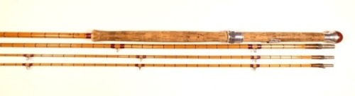 A Hardy "Wye" 3 piece (2 tips) cane salmon fly rod, 12'6", crimson inter-whipped, sliding alloy screw grip reel fitting, lockfast joints, 1965, in bag