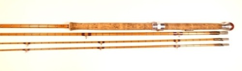 A Hardy "Wye" 3 piece (2 tips) cane salmon fly rod, 12'6", crimson inter-whipped, sliding alloy screw grip reel fitting, lockfast joints, 1959, in bag