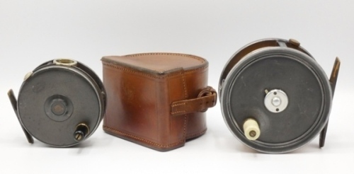 A W.H. Dingley 3 5/8" alloy trout fly reel, ebonite handle, brass foot, white metal line guide, milled rim tension screw and Mk.I style check mechanism, interior stamped "D.6", contained in a Hardy block leather case and a Walker Bampton 4 ½" alloy salmon