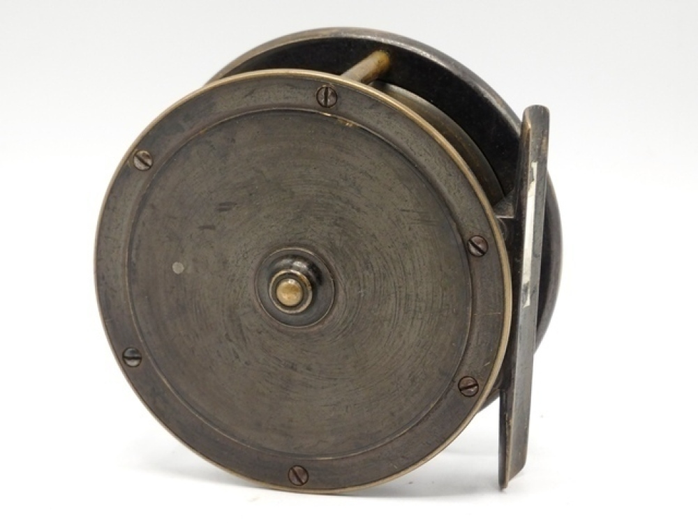 A Hardy Birmingham 3 ½ brass salmon fly reel, tapered horn handle ...