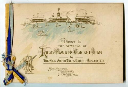 Lord Hawke’s Tour of North America, New Zealand and Australia 1902-03. ‘Dinner to The Members of Lord Hawke’s Cricket Team by The New South Wales Cricket Association. Held at Hotel Australia, Sydney, 21st March 1903. Original and rare menu for this early 