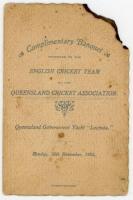 ‘First’ M.C.C. tour to Australia 1903/04. Early official folding menu for the ‘Complimentary Banquet tendered to the English Cricket Team by the Queensland Cricket Association’ held on the Queensland Government Yacht ‘Lucinda’, 30th November 1903. Printed