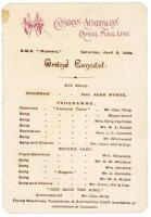 Australian tour to England 1905. Early original concert programme card for a ‘Grand Concert’ held on the R.M.S. ‘Miowera’, 8th April 1905, on which the Australians were sailing to England for the 1905 tour. Monty Noble and ‘Mr. Clem. Hill & Coy.’ are list