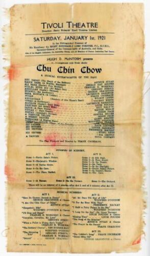 M.C.C. tour to Australia 1920/21. Original commemorative silk theatre handbill for the production of ‘Chu Chin Chow’ at the Tivoli Theatre, Melbourne, Saturday 1st January 1921, attended by the Australian and English cricketers on the evening following th