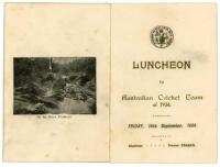 Australian tour to England 1934. Official folding menu for the ‘Luncheon to Australian Cricket Team of 1934’ held at Forres, 14th September 1934. The menu with town emblem and title to front, menu and toast list to inside, and printed image ‘On the River 