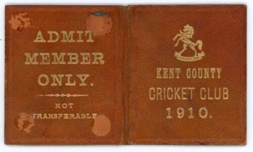 Kent C.C.C. 1910. Early original Kent membership and fixture card no. 783 for 1910. The small folding card with brown leather covers and gilt titles and emblems to front and back. Pencil annotation to inside ‘Kent Champion County’. Adhesive marks to rear 