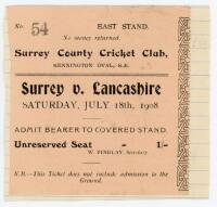 Surrey v Lancashire 1908. Official match ticket for the third day’s play of the match scheduled to be played at Kennington Oval, 16th- 18th July 1908. The 1/- unreserved ticket for the East Stand is laid down to page and appears to have been slightly trim