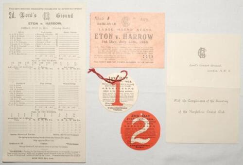 Eton v Harrow 1934. Official scorecard with incomplete printed scores, Mound Stand ticket and two members enclosure swing tickets in M.C.C. compliments slip folder for the Eton v Harrow match played at Lord’s, 13th- 14th July 1934. VG