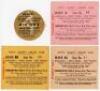 The Ashes 1938. Official ticket for the 1938 England v Australia Ashes series. Circular ticket with cord for admission to the Members’ Enclosures, Lord’s, 28th June 1938. Good condition. Sold with three official match tickets for England v West Indies, Tr