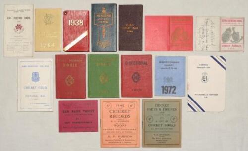 County, schools and Club fixture and/ or membership cards 1894-1972. A selection of fixture/ members’ cards for the period. Cards are M.C.C. 1938, 1964, Gloucestershire C.C.C. 1951, 1952, 1960, 1972, Doric C.C. 1894, Royal Grammar School Newcastle-on-Tyne