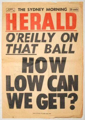 Trevor Chappell underarm bowling incident 1981. ‘O’Reilly on That Ball. How Low Can We Get?’. World Series Cup, Australia v New Zealand, Melbourne 1st February 1981. Original newspaper poster for The Sydney Morning Herald, dated 2nd February 1981, printed