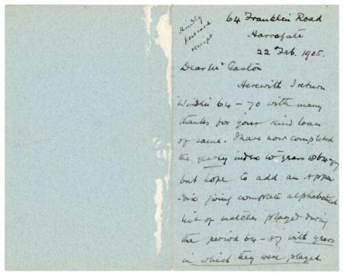 John Bertram Payne to Alfred J. Gaston, cricket follower, writer and collector. Two handwritten letters in ink to Gaston from Payne. One, a two page letter dated 22nd February 1905, relates to Payne returning Wisden Almanacks for years ‘[18]64- 70’ with t