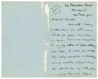 John Bertram Payne to Alfred J. Gaston, cricket follower, writer and collector. Two handwritten letters in ink to Gaston from Payne. One, a two page letter dated 22nd February 1905, relates to Payne returning Wisden Almanacks for years ‘[18]64- 70’ with t