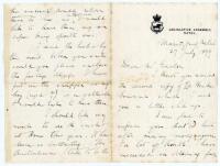 J.T. Henderson to Alfred J. Gaston, cricket follower, writer and collector. Four page handwritten letter in ink from Henderson to Gaston, on Legislative Assembly, Natal note paper, dated 27th July 1899. 