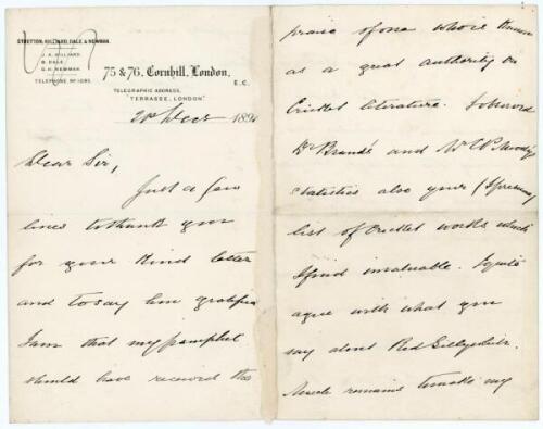 Bernard Dale to Alfred J. Gaston, cricket follower, writer and collector. Two letters handwritten in ink from Dale to Gaston. One, a four page letter dated 1891, relates to Dale’s recent publication of his pamphlet, ‘Some statistics of cricket; or, The in