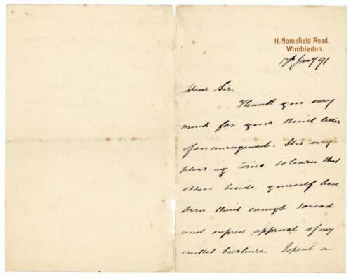 Bernard Dale, writer, to Alfred J. Gaston, cricket follower, writer and collector. A three page handwritten letter from Dale to Gaston, dated 17th January 1891, written from his home in Wimbledon. Dale thanks Gaston for his ‘kind letter of encouragement..