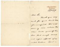 Bernard Dale, writer, to Alfred J. Gaston, cricket follower, writer and collector. A three page handwritten letter from Dale to Gaston, dated 17th January 1891, written from his home in Wimbledon. Dale thanks Gaston for his ‘kind letter of encouragement..