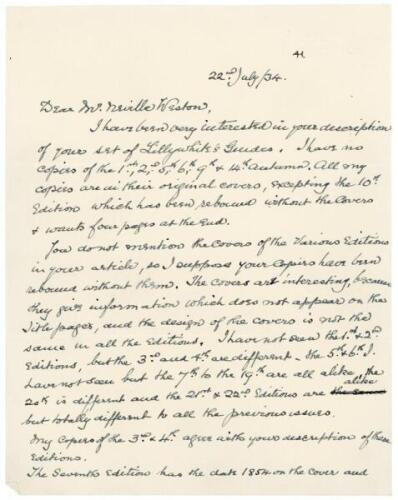 Henry Ling. Cricket writer. Interesting four page handwritten letter to Neville Weston from Ling at his home in Croydon, dated 22nd July June [19]34. In a lengthy letter, Ling writes in great detail about his collection of Lillywhite guides, all complete 