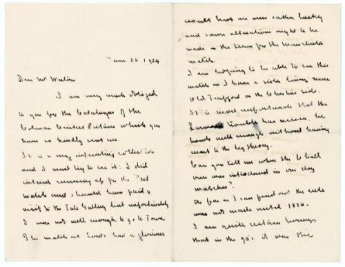 Frederick A. Brooke, cricket writer and collector. Three page handwritten letter from Brooke to George Neville Weston dated 28th June 1933. Brooke is writing from his home in Yorkshire to thank Weston for the ‘Catalogue of the Colman Cricket Pictures’, fi