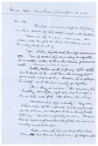 C.J. Britton, cricket writer and collector. Two page handwritten letter from Britton to George Neville Weston dated 29th June 1935. Britton opens by thanking Weston for ‘details of Cpt.[?] Webb’s match with Berkshire’. The remaining content primarily rela