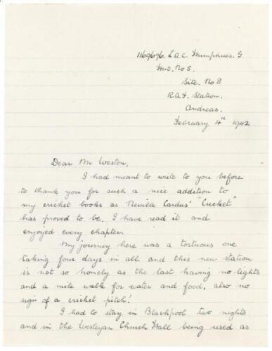 Gerald Harvey Humphries. Worcestershire 1932-1934 (two matches). Two page handwritten letter on ruled paper from Humhpries to George Neville Weston dated 4th February 1942. Writing from R.A.F. Andreas on the Isle of Man where he was stationed, Humphries i