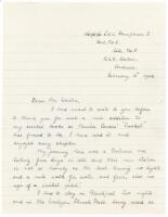 Gerald Harvey Humphries. Worcestershire 1932-1934 (two matches). Two page handwritten letter on ruled paper from Humhpries to George Neville Weston dated 4th February 1942. Writing from R.A.F. Andreas on the Isle of Man where he was stationed, Humphries i