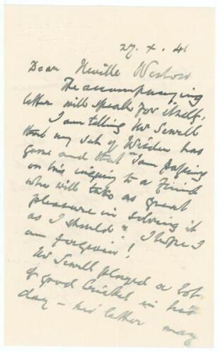 Charles Pratt Green, cricket collector and wine merchant. Two page handwritten letter from Pratt Green to George Neville Weston dated 27th October 1941. Writing from his Malvern home, Pratt Green makes reference to an accompanying letter (not included) fr